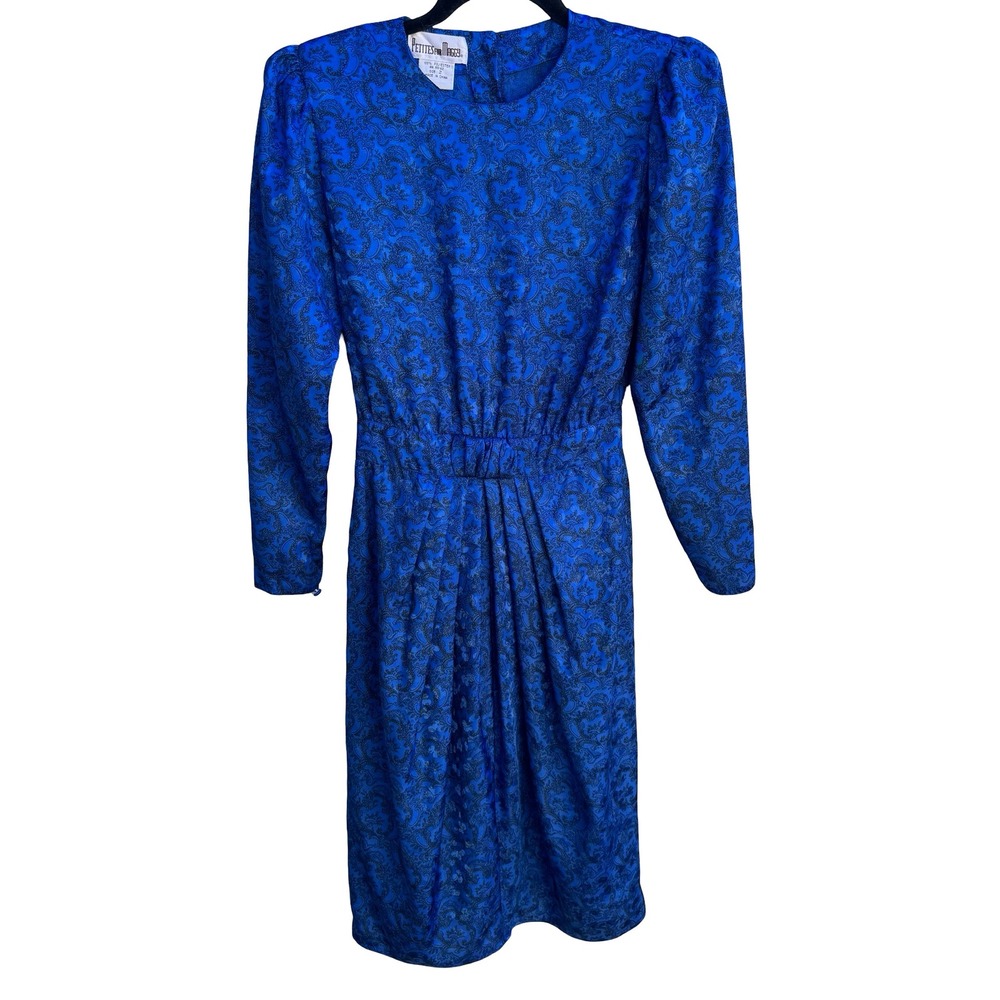 Petites for Maggy Vintage 80s Secretary Paisley Jacquard Puff Shoulder Dress 2